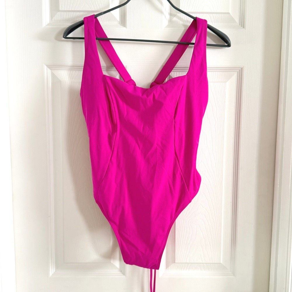 TA3 Hi Cut Squarey‎ One Piece Swimsuit Pink Sculpting Lace Up Back 2X Short 3.0